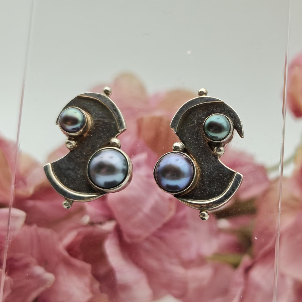 Gray Pearl & Sterling Silver Handmade Curvy Art Deco Style Post Earrings